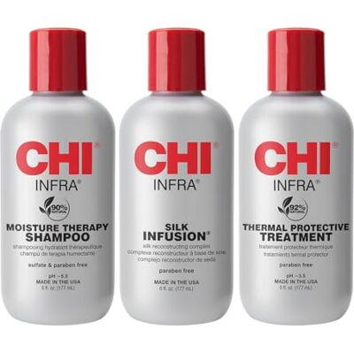 CHI Haarpflege-Set: 3-teiliges Geschenkset mit Infra-Shampoo, Infrarotbehandlung und Silk Infusion, jeweils 177 ml, für alle Haartypen, chemikalienfrei, frischer Duft, 531 ml Gesamtgewicht CHI Haarpflege-Set: 3-teiliges Geschenkset mit Infra-Shampoo, Infrarotbehandlung und Silk Infusion, jeweils 177 ml, für alle Haartypen, chemikalienfrei, frischer Duft, 531 ml Gesamtgewicht