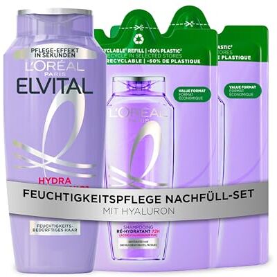 L'Oreal Paris L´Oréal Paris Elvital Hydra Hyaluronic 72H Feuchtigkeits-Auffüllendes Shampoo Nachfüllset, Vorteilspack mit 1 Standardflasche (1x300ml) und 2 Nachfüllpacks mit -60% weniger Plastik (2x250ml) L'Oreal Paris L´Oréal Paris Elvital Hydra Hyaluronic 72H Feuchtigkeits-Auffüllendes Shampoo Nachfüllset, Vorteilspack mit 1 Standardflasche (1x300ml) und 2 Nachfüllpacks mit -60% weniger Plastik (2x250ml)
