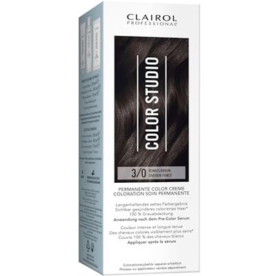 Clairol Professional Color Studio Permanente Haarfarbe Dunkelbraun 3/0 (110 ml) – mit Metal-Purifier für 6 x weniger Haarbruch, 10 Wochen sattes Farbergebnis & 100 % Grauabdeckung – inkl. Haarkur Clairol Professional Color Studio Permanente Haarfarbe Dunkelbraun 3/0 (110 ml) – mit Metal-Purifier für 6 x weniger Haarbruch, 10 Wochen sattes Farbergebnis & 100 % Grauabdeckung – inkl. Haarkur