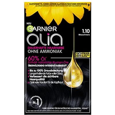 Garnier Olia Dauerhafte Haarfarbe 1.10 Blauschwarz, ohne Ammoniak, permanente Coloration, bis zu 100% Grauabdeckung, langanhaltende Farbe bis zu 8 Wochen, intensiver Glanz & Pflege, 1Stk. Garnier Olia Dauerhafte Haarfarbe 1.10 Blauschwarz, ohne Ammoniak, permanente Coloration, bis zu 100% Grauabdeckung, langanhaltende Farbe bis zu 8 Wochen, intensiver Glanz & Pflege, 1Stk.