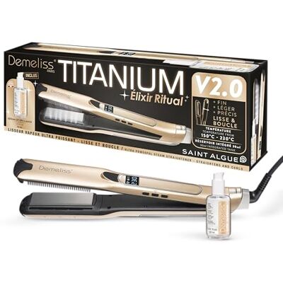 Demeliss Dampfglätter Titanium V2.0 Elixir Ritual – 5 Temperaturen – 30 ml Tank – dünne Platten – abnehmbarer Kamm – Digitaldisplay – Glätten, Locken, Pflege – Professionelles Zubehör Demeliss Dampfglätter Titanium V2.0 Elixir Ritual – 5 Temperaturen – 30 ml Tank – dünne Platten – abnehmbarer Kamm – Digitaldisplay – Glätten, Locken, Pflege – Professionelles Zubehör