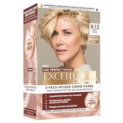L'Oreal Paris L’Oréal Paris Excellence Creme Age Perfect Nudes 9.13 Beige Blond, dauerhafte Haarfarbe, permanente Coloration,100% Grauabdeckung, für reifes, dünnes Haar & empfindliche Kopfhaut, 1 Stück L'Oreal Paris L’Oréal Paris Excellence Creme Age Perfect Nudes 9.13 Beige Blond, dauerhafte Haarfarbe, permanente Coloration,100% Grauabdeckung, für reifes, dünnes Haar & empfindliche Kopfhaut, 1 Stück