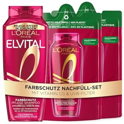 L'Oreal Paris L'Oréal Paris Color Glanz Farbschutz Shampoo Nachfüllset, Vorteilspack mit 1 Standardflasche (1x300ml) und 2 Nachfüllpacks mit -60% weniger Plastik (2x250ml), für coloriertes Haar, mit UVA-/UVB Filter L'Oreal Paris L'Oréal Paris Color Glanz Farbschutz Shampoo Nachfüllset, Vorteilspack mit 1 Standardflasche (1x300ml) und 2 Nachfüllpacks mit -60% weniger Plastik (2x250ml), für coloriertes Haar, mit UVA-/UVB Filter
