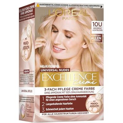 L'Oreal Paris L'Oréal Paris Permanente Haarfarbe für jeden Hautton, Coloration ohne Ammoniak, Universale Nude-Töne mit vollständiger Grauhaarabdeckung, Excellence Creme, Nr. 10U Lichtblond (Blond), 1 Stück L'Oreal Paris L'Oréal Paris Permanente Haarfarbe für jeden Hautton, Coloration ohne Ammoniak, Universale Nude-Töne mit vollständiger Grauhaarabdeckung, Excellence Creme, Nr. 10U Lichtblond (Blond), 1 Stück