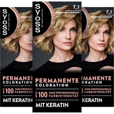 Syoss Coloration 7_1 Natürliches Mittelblond (115 ml), permanente Coloration mit Keratin verleiht bis zu 100 Tage professionelle Farbintensität, 100% Grauabdeckung Syoss Coloration 7_1 Natürliches Mittelblond (115 ml), permanente Coloration mit Keratin verleiht bis zu 100 Tage professionelle Farbintensität, 100% Grauabdeckung