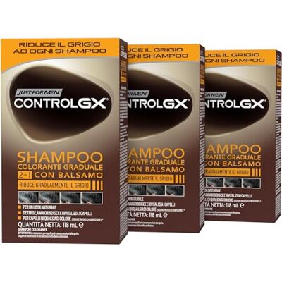 Just for men Control GX Shampoo 2-In-1 Con Balsamo, Anti-Grigio Graduale Uomo, Riduce Gradualmente il Grigio, Per Un Look Naturale e Discreto, 118 ml (3 Pack) Just for men Control GX Shampoo 2-In-1 Con Balsamo, Anti-Grigio Graduale Uomo, Riduce Gradualmente il Grigio, Per Un Look Naturale e Discreto, 118 ml (3 Pack)