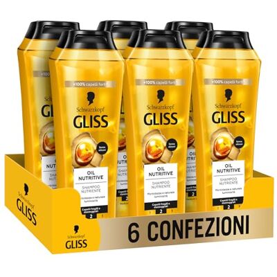 Gliss Schwarzkopf Oil Nutritive Shampoo, 6 x 250 ml, pflegendes Shampoo, angereichert mit Omega-9 und Marulaöl, Produkte für sprödes und geschädigtes Haar Gliss Schwarzkopf Oil Nutritive Shampoo, 6 x 250 ml, pflegendes Shampoo, angereichert mit Omega-9 und Marulaöl, Produkte für sprödes und geschädigtes Haar