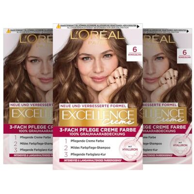 L'Oreal Paris L'Oréal Paris Permanente Haarfarbe, 100% Grauhaarabdeckung, Haarfärbeset mit Coloration, Shampoo und 3-Fach Pflege Creme Farbe, Excellence Creme, 6 Dunkelblond, 3 x 268 g L'Oreal Paris L'Oréal Paris Permanente Haarfarbe, 100% Grauhaarabdeckung, Haarfärbeset mit Coloration, Shampoo und 3-Fach Pflege Creme Farbe, Excellence Creme, 6 Dunkelblond, 3 x 268 g