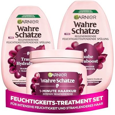 Garnier Wahre Schätze Traube Hydraboost Treatment-Set, mit Traubenwasser, für mehr Feuchtigkeit und Glanz, mit 1x 1-Minute Haarkur und 2 Spülungen Garnier Wahre Schätze Traube Hydraboost Treatment-Set, mit Traubenwasser, für mehr Feuchtigkeit und Glanz, mit 1x 1-Minute Haarkur und 2 Spülungen