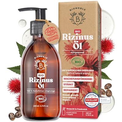 BIONOBLE Rizinusöl Kaltgepresst Bio 100% Natürlich, Ohne Hexan Wachstumsfördernd, Repariert Rizinusöl Bio Haare, Wimpern, Augenbrauen, Haut Castor Oil Glasflasche mit Pumpe 200ml BIONOBLE Rizinusöl Kaltgepresst Bio 100% Natürlich, Ohne Hexan Wachstumsfördernd, Repariert Rizinusöl Bio Haare, Wimpern, Augenbrauen, Haut Castor Oil Glasflasche mit Pumpe 200ml