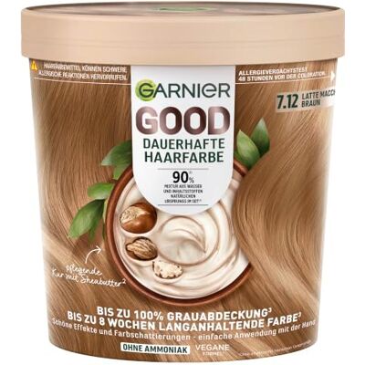 Garnier GOOD Dauerhafte Haarfarbe 7.12 Latte Macchiato Braun, permanente Coloration, ohne Ammoniak, bis zu 100% Grauabdeckung, langanhaltende Farbe, einfache Anwendung, angenehmer Duft, 1 Stk. Garnier GOOD Dauerhafte Haarfarbe 7.12 Latte Macchiato Braun, permanente Coloration, ohne Ammoniak, bis zu 100% Grauabdeckung, langanhaltende Farbe, einfache Anwendung, angenehmer Duft, 1 Stk.
