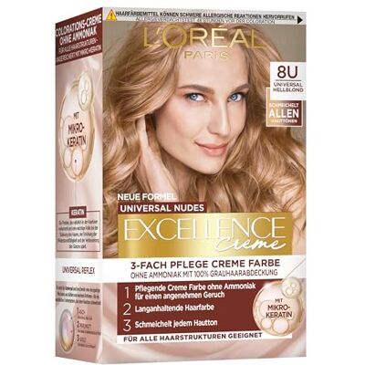 L'Oreal Paris L'Oréal Paris Permanente Haarfarbe für jeden Hautton, Coloration ohne Ammoniak, Universale Nude-Töne mit vollständiger Grauhaarabdeckung, Excellence Creme, Nr. 8U Hellblond (Blond), 1 Stück L'Oreal Paris L'Oréal Paris Permanente Haarfarbe für jeden Hautton, Coloration ohne Ammoniak, Universale Nude-Töne mit vollständiger Grauhaarabdeckung, Excellence Creme, Nr. 8U Hellblond (Blond), 1 Stück