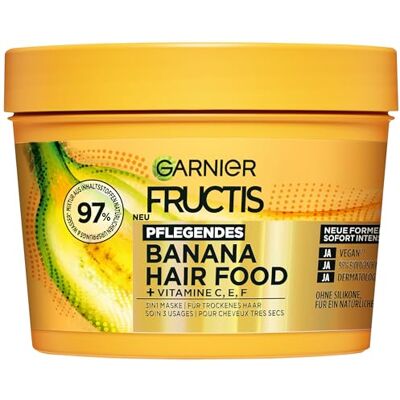 Garnier Fructis Pflegende Bananen Haarmaske, Leave-In für trockenes Haar und mehr Geschmeidigkeit, Anwendung als Spülung, Maske oder Leave-In, Lipidkomplex, Ohne Silikone, Hair Food, 3in1, 400ml Garnier Fructis Pflegende Bananen Haarmaske, Leave-In für trockenes Haar und mehr Geschmeidigkeit, Anwendung als Spülung, Maske oder Leave-In, Lipidkomplex, Ohne Silikone, Hair Food, 3in1, 400ml