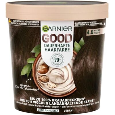 Garnier GOOD Dauerhafte Haarfarbe 4.0 Kakao Braun – Coloration ohne Ammoniak, bis zu 100% Grauabdeckung, 1 Stk. Garnier GOOD Dauerhafte Haarfarbe 4.0 Kakao Braun – Coloration ohne Ammoniak, bis zu 100% Grauabdeckung, 1 Stk.