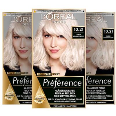 L'Oreal Paris L'Oréal Paris Permanente Haarfarbe, Haarfärbeset mit Coloration und Farbglanz-Pflegebalsam, Préférence, 10.21 Platin Perlmuttblond, 3er Set L'Oreal Paris L'Oréal Paris Permanente Haarfarbe, Haarfärbeset mit Coloration und Farbglanz-Pflegebalsam, Préférence, 10.21 Platin Perlmuttblond, 3er Set