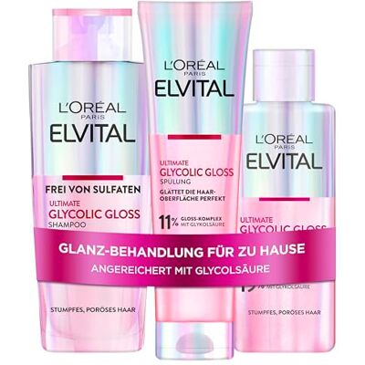 L'Oreal Paris L'Oréal Paris Elvital Glycolic Gloss Bundle mit Shampoo, Spülung, 5 Minuten Haar-Laminierung für glanzloses Haar, Pflegeroutine für gesunde Haare und starken Glanz, Set mit Glykolsäure, 3-teilig L'Oreal Paris L'Oréal Paris Elvital Glycolic Gloss Bundle mit Shampoo, Spülung, 5 Minuten Haar-Laminierung für glanzloses Haar, Pflegeroutine für gesunde Haare und starken Glanz, Set mit Glykolsäure, 3-teilig