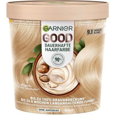 Garnier GOOD Dauerhafte Haarfarbe 9.1 Vanilla Blond, permanente Coloration, ohne Ammoniak, bis zu 100% Grauabdeckung, bis zu 8 Wochen langanhaltende Farbe, einfache Anwendung, angenehmer Duft, 1 Stk. Garnier GOOD Dauerhafte Haarfarbe 9.1 Vanilla Blond, permanente Coloration, ohne Ammoniak, bis zu 100% Grauabdeckung, bis zu 8 Wochen langanhaltende Farbe, einfache Anwendung, angenehmer Duft, 1 Stk.