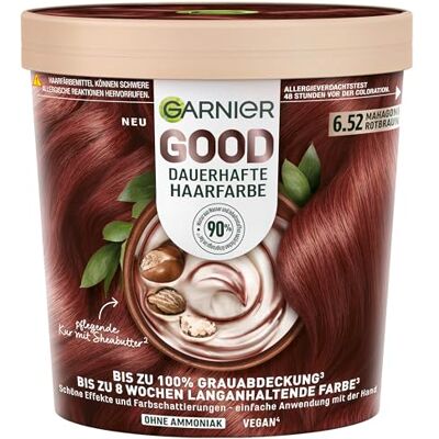 Garnier GOOD Dauerhafte Haarfarbe 6.52 Mahagoni Rotbraun – Coloration ohne Ammoniak, vegane Formel, bis zu 100% Grauabdeckung, langanhaltende Farbe, mit angenehmem Duft, 1 Stk. Garnier GOOD Dauerhafte Haarfarbe 6.52 Mahagoni Rotbraun – Coloration ohne Ammoniak, vegane Formel, bis zu 100% Grauabdeckung, langanhaltende Farbe, mit angenehmem Duft, 1 Stk.