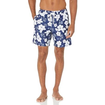 Amazon Essentials Herren Badehose mit Netzfutter, Taschen und Kordelzugverschluss, Marineblau Hibiskusblume, XXL Amazon Essentials Herren Badehose mit Netzfutter, Taschen und Kordelzugverschluss, Marineblau Hibiskusblume, XXL