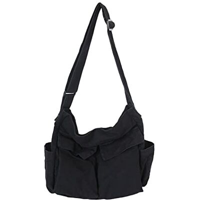 HUALEENA Umhängetasche aus Segeltuch für Damen, große Messenger-Taschen, Reise-Schultertasche, mehrere Taschen, schwarz, Large HUALEENA Umhängetasche aus Segeltuch für Damen, große Messenger-Taschen, Reise-Schultertasche, mehrere Taschen, schwarz, Large