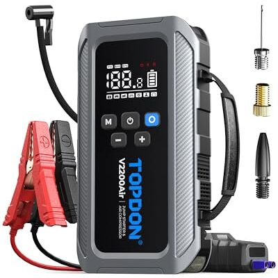 TOPDON V2200Air Starthilfe Powerbank für PKW mit 150PSI Luftkompressor, 8L Benzin&6L Dieselmotoren, Auto Starthilfe Booster Jump Starter(Sofortstart in 2 Sek), Ultraschnell Reifenkompressor, LED lampe TOPDON V2200Air Starthilfe Powerbank für PKW mit 150PSI Luftkompressor, 8L Benzin&6L Dieselmotoren, Auto Starthilfe Booster Jump Starter(Sofortstart in 2 Sek), Ultraschnell Reifenkompressor, LED lampe