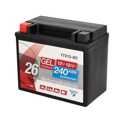 Cartec Motorradbatterie YTX12-BS 12Ah, 240A, Gel Technologie Motorrad-Starter-Batterie, Erstausrüsterqualität, zyklenfest, lagerfähig, wartungsfrei, schwarz Cartec Motorradbatterie YTX12-BS 12Ah, 240A, Gel Technologie Motorrad-Starter-Batterie, Erstausrüsterqualität, zyklenfest, lagerfähig, wartungsfrei, schwarz