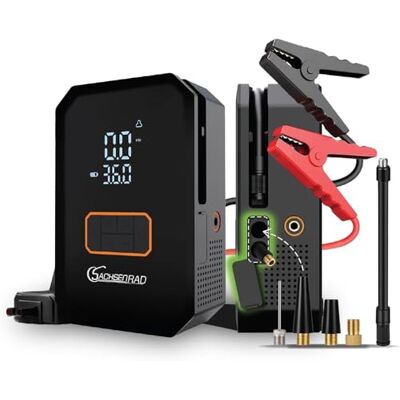 SachsenRAD Starthilfe Powerbank für PKW mit 150PSI Luftkompressor 12V Autobatterie Jump Starter mit Tragbaren Starthilfekabeln, LED-Notlicht und Luftdüsen für Benziner bis 6,0L und Diesel bis 3,0L SachsenRAD Starthilfe Powerbank für PKW mit 150PSI Luftkompressor 12V Autobatterie Jump Starter mit Tragbaren Starthilfekabeln, LED-Notlicht und Luftdüsen für Benziner bis 6,0L und Diesel bis 3,0L