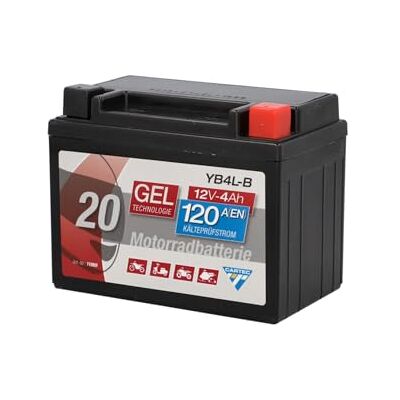 Cartec Motorradbatterie YB4L-B, 4Ah 120A, Gel Technologie Motorrad-Starter-Batterie, Erstausrüsterqualität, zyklenfest, lagerfähig, wartungsfrei, schwarz Cartec Motorradbatterie YB4L-B, 4Ah 120A, Gel Technologie Motorrad-Starter-Batterie, Erstausrüsterqualität, zyklenfest, lagerfähig, wartungsfrei, schwarz