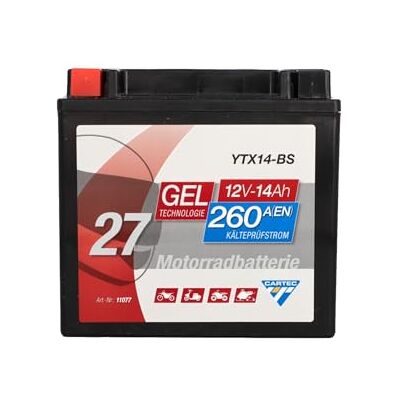 Cartec Motorradbatterie YTX14-BS, 14Ah, 260A, Gel Technologie Motorrad-Starter-Batterie, Erstausrüsterqualität, zyklenfest, lagerfähig, wartungsfrei, schwarz Cartec Motorradbatterie YTX14-BS, 14Ah, 260A, Gel Technologie Motorrad-Starter-Batterie, Erstausrüsterqualität, zyklenfest, lagerfähig, wartungsfrei, schwarz