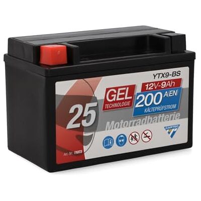 Cartec Motorradbatterie YTX9-BS, 9Ah, 200A, Gel Technologie Motorrad-Starter-Batterie, Erstausrüsterqualität, zyklenfest, lagerfähig, wartungsfrei, schwarz Cartec Motorradbatterie YTX9-BS, 9Ah, 200A, Gel Technologie Motorrad-Starter-Batterie, Erstausrüsterqualität, zyklenfest, lagerfähig, wartungsfrei, schwarz