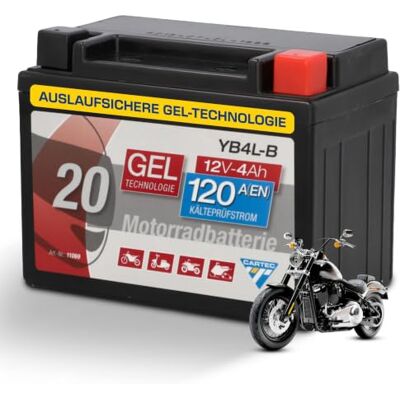 Cartec Motorradbatterie YB4L-B, 4Ah 120A, Gel Technologie Motorrad-Starter-Batterie, Erstausrüsterqualität, zyklenfest, lagerfähig, wartungsfrei, schwarz Cartec Motorradbatterie YB4L-B, 4Ah 120A, Gel Technologie Motorrad-Starter-Batterie, Erstausrüsterqualität, zyklenfest, lagerfähig, wartungsfrei, schwarz