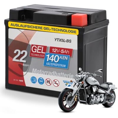 Cartec Motorradbatterie YTX5L-BS, 5Ah, 140A, Gel Technologie Motorrad-Starter-Batterie, Erstausrüsterqualität, zyklenfest, lagerfähig, wartungsfrei, schwarz Cartec Motorradbatterie YTX5L-BS, 5Ah, 140A, Gel Technologie Motorrad-Starter-Batterie, Erstausrüsterqualität, zyklenfest, lagerfähig, wartungsfrei, schwarz