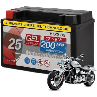 Cartec Motorradbatterie YTX9-BS, 9Ah, 200A, Gel Technologie Motorrad-Starter-Batterie, Erstausrüsterqualität, zyklenfest, lagerfähig, wartungsfrei, schwarz Cartec Motorradbatterie YTX9-BS, 9Ah, 200A, Gel Technologie Motorrad-Starter-Batterie, Erstausrüsterqualität, zyklenfest, lagerfähig, wartungsfrei, schwarz