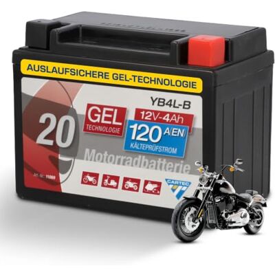 Cartec Motorradbatterie YB4L-B, 4Ah 120A, Gel Technologie Motorrad-Starter-Batterie, Erstausrüsterqualität, zyklenfest, lagerfähig, wartungsfrei, schwarz Cartec Motorradbatterie YB4L-B, 4Ah 120A, Gel Technologie Motorrad-Starter-Batterie, Erstausrüsterqualität, zyklenfest, lagerfähig, wartungsfrei, schwarz