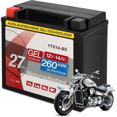 Cartec Motorradbatterie YTX14-BS, 14Ah, 260A, Gel Technologie Motorrad-Starter-Batterie, Erstausrüsterqualität, zyklenfest, lagerfähig, wartungsfrei, schwarz Cartec Motorradbatterie YTX14-BS, 14Ah, 260A, Gel Technologie Motorrad-Starter-Batterie, Erstausrüsterqualität, zyklenfest, lagerfähig, wartungsfrei, schwarz