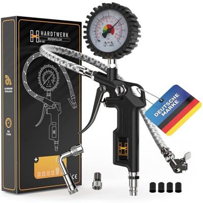 HARDTWERK ® Reifenfüller Reifendruckprüfer Reifendruckmesser Manometer-Messbereich: 0-12 bar 304-Edelstahl Schlauch Luftdruckprüfer für Auto, Motorrad, PKW, LKW Reifenfüll-Messgerät HARDTWERK ® Reifenfüller Reifendruckprüfer Reifendruckmesser Manometer-Messbereich: 0-12 bar 304-Edelstahl Schlauch Luftdruckprüfer für Auto, Motorrad, PKW, LKW Reifenfüll-Messgerät