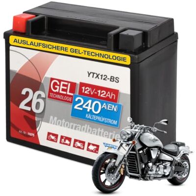Cartec Motorradbatterie YTX12-BS 12Ah, 240A, Gel Technologie Motorrad-Starter-Batterie, Erstausrüsterqualität, zyklenfest, lagerfähig, wartungsfrei, schwarz Cartec Motorradbatterie YTX12-BS 12Ah, 240A, Gel Technologie Motorrad-Starter-Batterie, Erstausrüsterqualität, zyklenfest, lagerfähig, wartungsfrei, schwarz