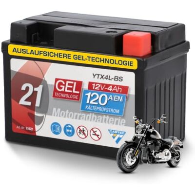 Cartec Motorradbatterie YTX4L-BS, 4Ah, 120A, Gel Technologie Motorrad-Starter-Batterie, Erstausrüsterqualität, zyklenfest, lagerfähig, wartungsfrei, schwarz Cartec Motorradbatterie YTX4L-BS, 4Ah, 120A, Gel Technologie Motorrad-Starter-Batterie, Erstausrüsterqualität, zyklenfest, lagerfähig, wartungsfrei, schwarz
