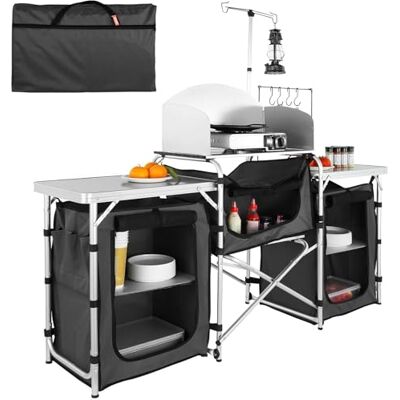 VEVOR Camping-Küchentisch, Klappbarer Outdoor-Kochtisch mit Aufbewahrungstasche, Aluminium-Kochstation mit 3 Schränken und Abnehmbarer Windschutzscheibe, Schneller Aufbau für Picknicks usw. VEVOR Camping-Küchentisch, Klappbarer Outdoor-Kochtisch mit Aufbewahrungstasche, Aluminium-Kochstation mit 3 Schränken und Abnehmbarer Windschutzscheibe, Schneller Aufbau für Picknicks usw.