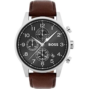 Boss Chronograph Quarz Uhr für Herren Kollektion Navigator mit Edelstahl-Mesh-Gliederarmband oder Lederarmband Boss Chronograph Quarz Uhr für Herren Kollektion Navigator mit Edelstahl-Mesh-Gliederarmband oder Lederarmband