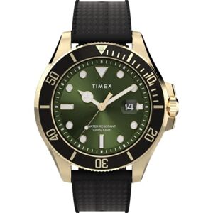 Timex TW2Y05300 Harborside Coast Herren-Armbanduhr, 44 mm, schwarzes Synthetikarmband mit grünem Zifferblatt und goldfarbenem Gehäuse Timex TW2Y05300 Harborside Coast Herren-Armbanduhr, 44 mm, schwarzes Synthetikarmband mit grünem Zifferblatt und goldfarbenem Gehäuse