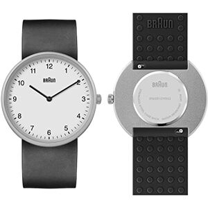 Braun 2-Zeiger-Quarz-Analoguhr, weißes Zifferblatt und graues Silikon-Kautschukarmband mit zusätzlichem schwarzen Silikon-Kautschukarmband, Schnellverschluss-Federstege, 38 mm, Modell BN0281GYBKG. Braun 2-Zeiger-Quarz-Analoguhr, weißes Zifferblatt und graues Silikon-Kautschukarmband mit zusätzlichem schwarzen Silikon-Kautschukarmband, Schnellverschluss-Federstege, 38 mm, Modell BN0281GYBKG.