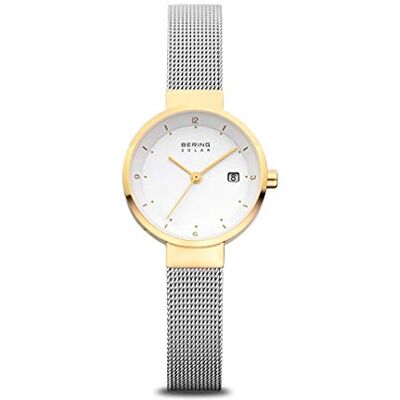 BERING Damen Solar Uhr Armbanduhr 26 mm goldenes Edelstahlgehäuse und weißes Zifferblatt Milanaisearmband Saphierglas 5 ATM 14426-010 BERING Damen Solar Uhr Armbanduhr 26 mm goldenes Edelstahlgehäuse und weißes Zifferblatt Milanaisearmband Saphierglas 5 ATM 14426-010