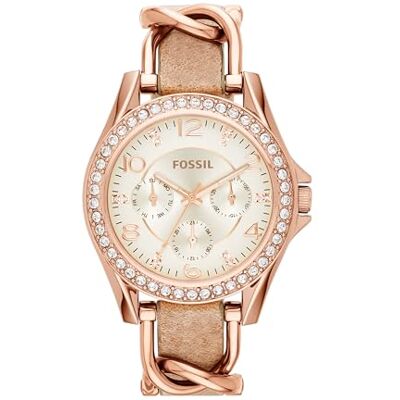 Fossil Riley Armbanduhr für Damen Quarz Chronograph Uhrwerk mit Edelstahl oder Lederband Fossil Riley Armbanduhr für Damen Quarz Chronograph Uhrwerk mit Edelstahl oder Lederband