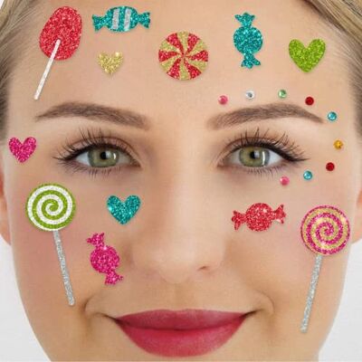 Party Factory Face Tattoo Candy Party, temporäres Glitter Gesichtstattoo für Motto Party, Halloween & Karneval, Kinder & Erwachsene Party Factory Face Tattoo Candy Party, temporäres Glitter Gesichtstattoo für Motto Party, Halloween & Karneval, Kinder & Erwachsene