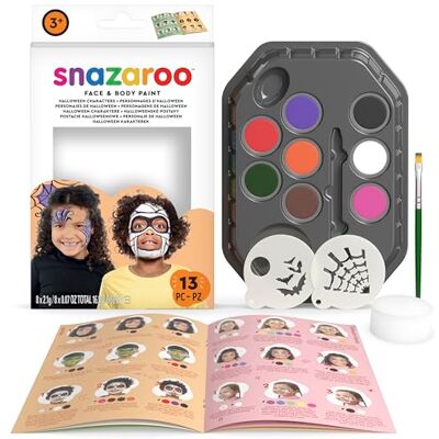Snazaroo 1172183 Schminkset " Halloween ", hautfreundliche Gesichtsschminke auf Wasserbasis 7 Schminkfarben, 1 Schminkpinsel, 1 Schwamm, 2 Vorlagen und Schritt-für-Schritt-Anleitung Snazaroo 1172183 Schminkset " Halloween ", hautfreundliche Gesichtsschminke auf Wasserbasis 7 Schminkfarben, 1 Schminkpinsel, 1 Schwamm, 2 Vorlagen und Schritt-für-Schritt-Anleitung