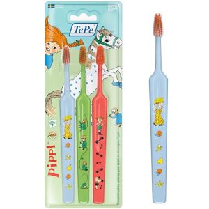 TePe Pippi Zahnbürste, Kids Extra Soft, 3 Stk., bunte Kinderzahnbürste, weiche Borsten für eine sanfte und gründliche Reinigung, in verschiedenen Farben (unssortiert) mit Pippi-Illustrationen TePe Pippi Zahnbürste, Kids Extra Soft, 3 Stk., bunte Kinderzahnbürste, weiche Borsten für eine sanfte und gründliche Reinigung, in verschiedenen Farben (unssortiert) mit Pippi-Illustrationen
