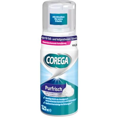 Corega Prothesenreiniger Purfrisch Reinigungsschaum, Gebissreiniger für herausnehmbaren Zahnersatz/dritte Zähne, 1x125ml Corega Prothesenreiniger Purfrisch Reinigungsschaum, Gebissreiniger für herausnehmbaren Zahnersatz/dritte Zähne, 1x125ml
