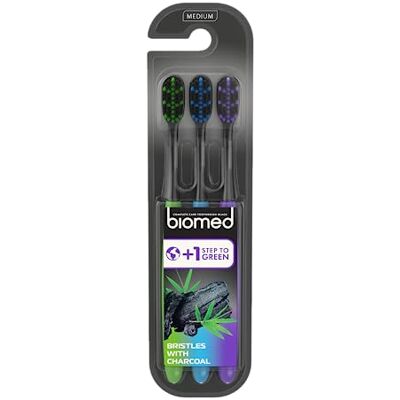 BIOMED Black Charcoal Zahnbürste, mittlere Borsten mit abgerundeten Spitzen, BPA-frei, zum Aufhellen, 3 Stück BIOMED Black Charcoal Zahnbürste, mittlere Borsten mit abgerundeten Spitzen, BPA-frei, zum Aufhellen, 3 Stück