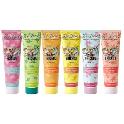 Dr. Bauer's Lovely Friends Zahnpasta mit Glitzer Motiven, viele tolle Geschmacksrichtungen, Zahncreme für Kinder und Erwachsene, nachhaltiger Verpackung, 90ml pro Tube PROBIER-SET (6x 90ml) Dr. Bauer's Lovely Friends Zahnpasta mit Glitzer Motiven, viele tolle Geschmacksrichtungen, Zahncreme für Kinder und Erwachsene, nachhaltiger Verpackung, 90ml pro Tube PROBIER-SET (6x 90ml)